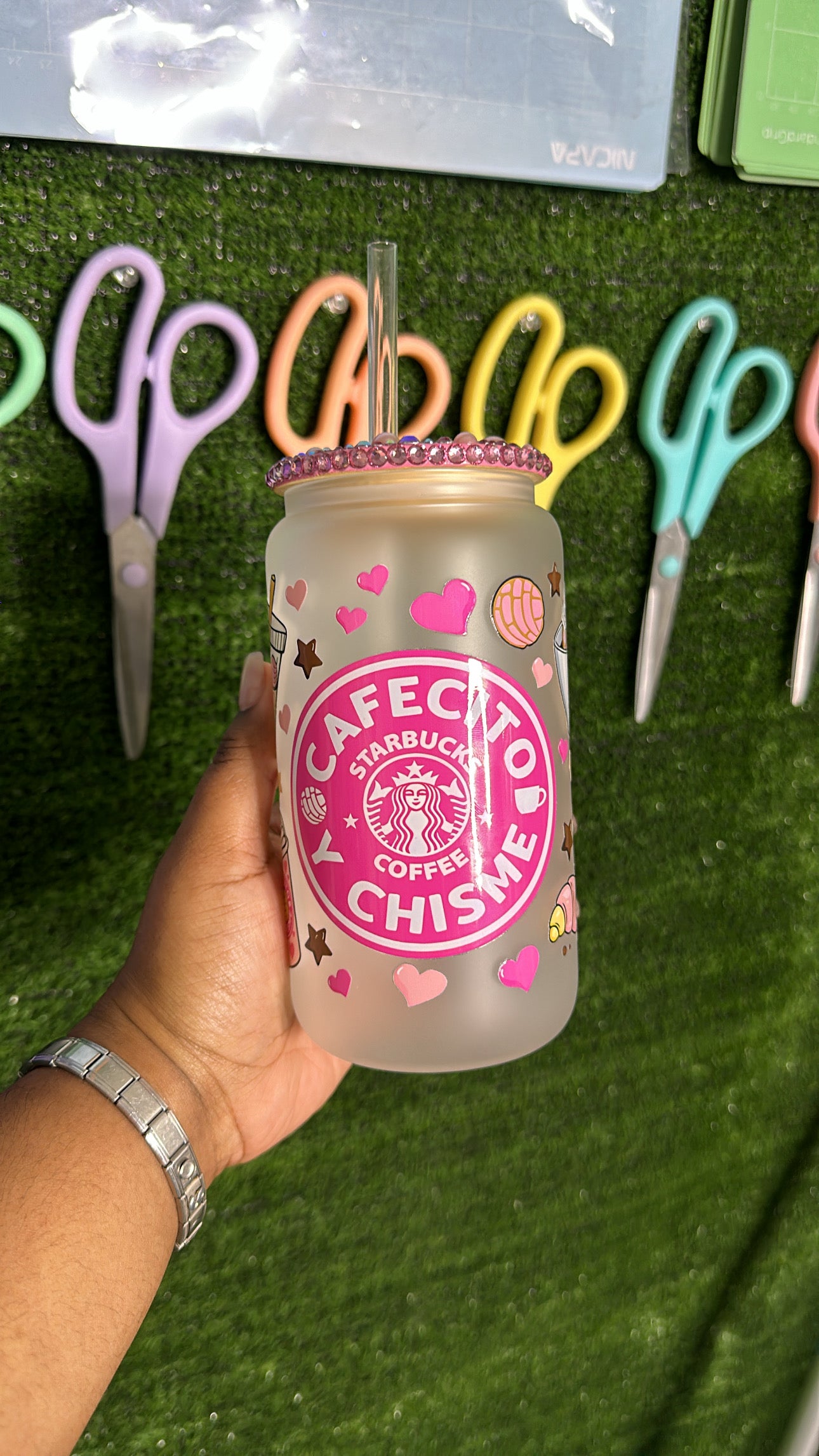 Cafecito y Chisme glass can with rhinestone lid